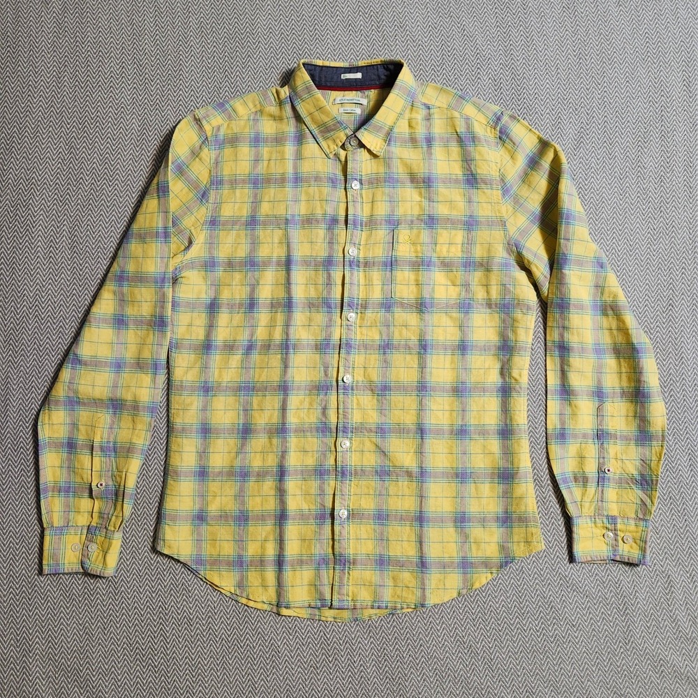 Stile Benetton Mens Large Slim Fit Linen Cotton Plaid Button Down Shirt Yellow